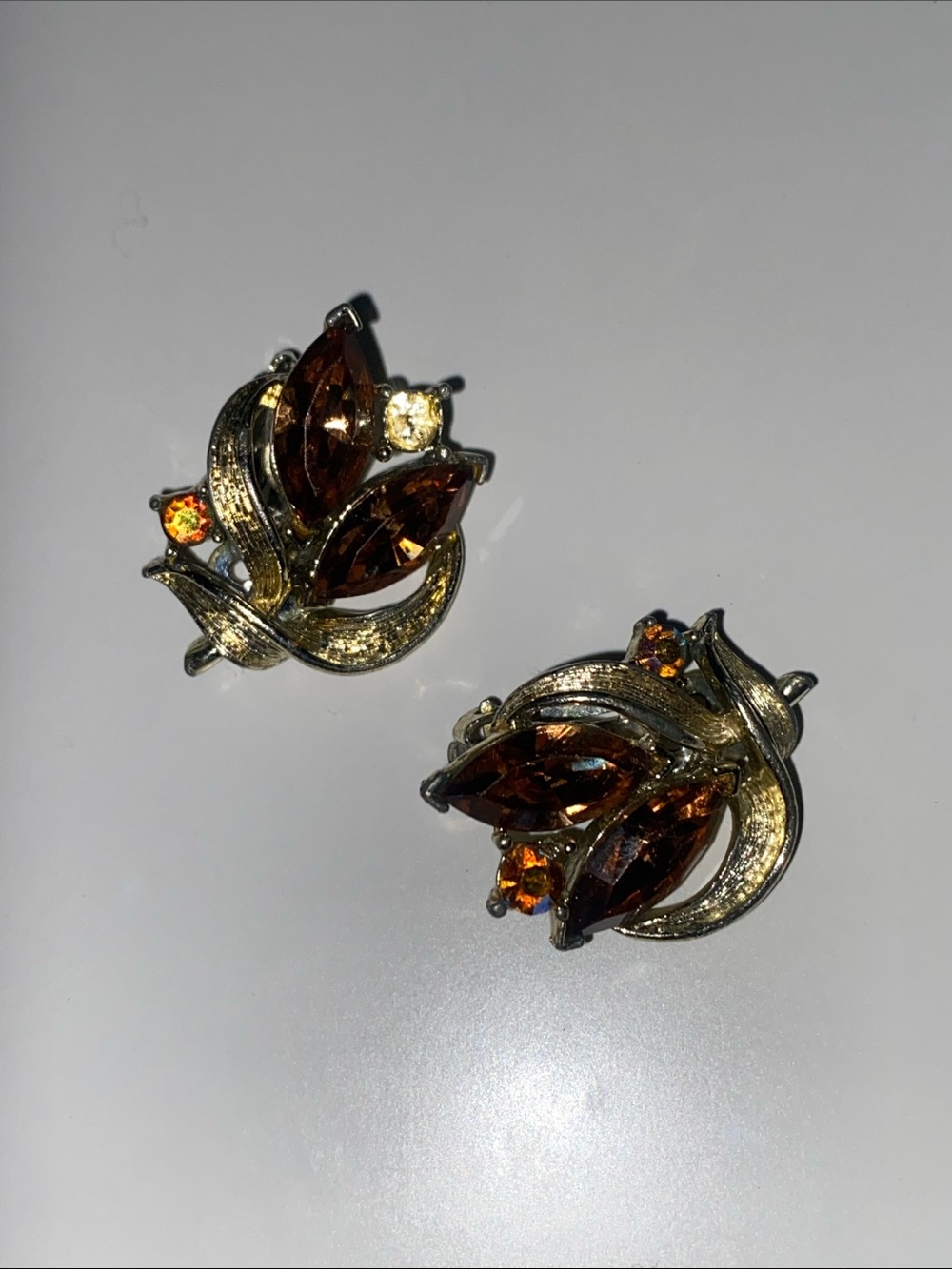 Gold-Tone Brown Marquise Crystal Clip Earrings